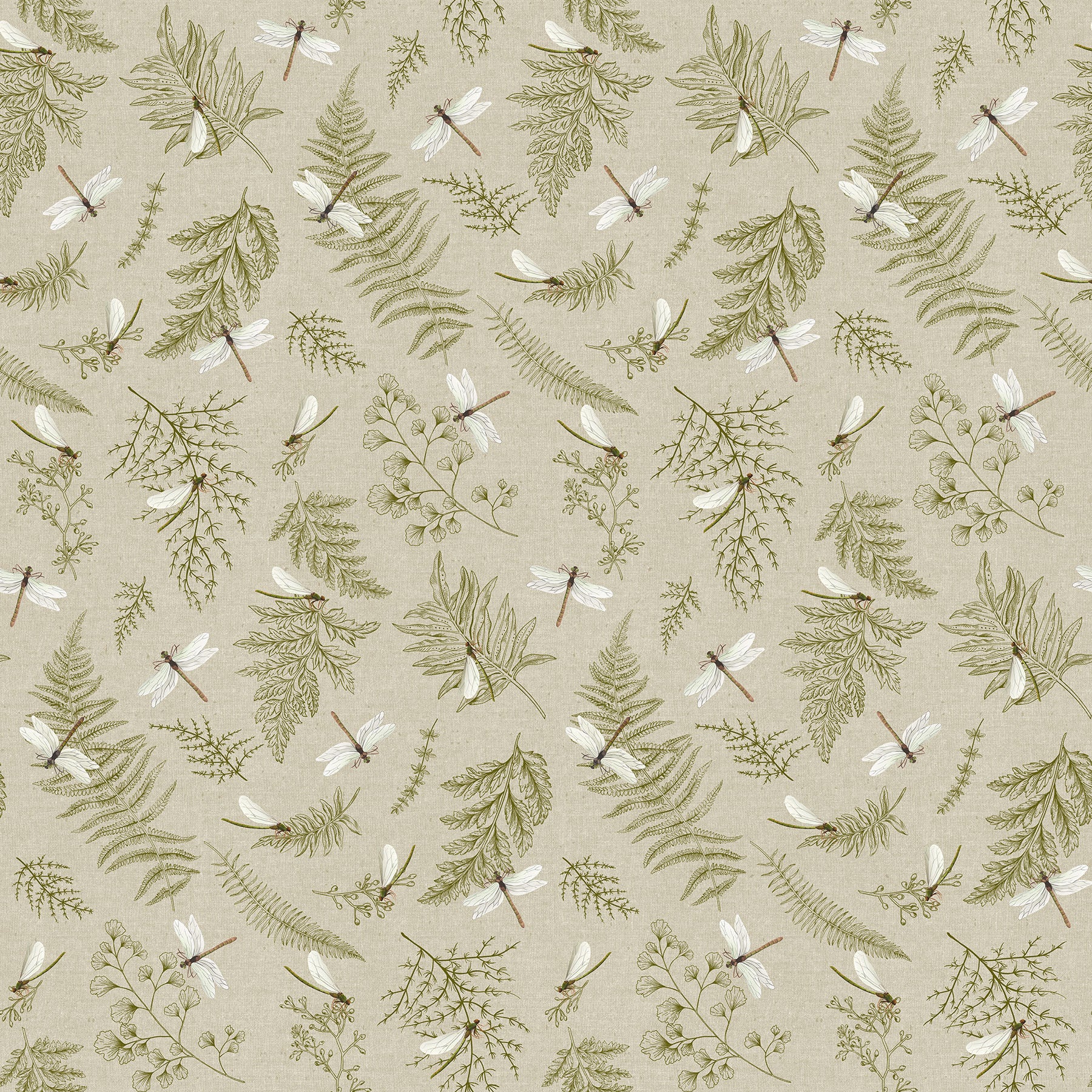 Natural Elements - Taupe Green Dragonflies - Cotton Fabric