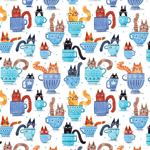 Garden Cats - Teacups -  Cotton Fabric