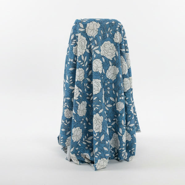 Linen Rayon - Denim Roses