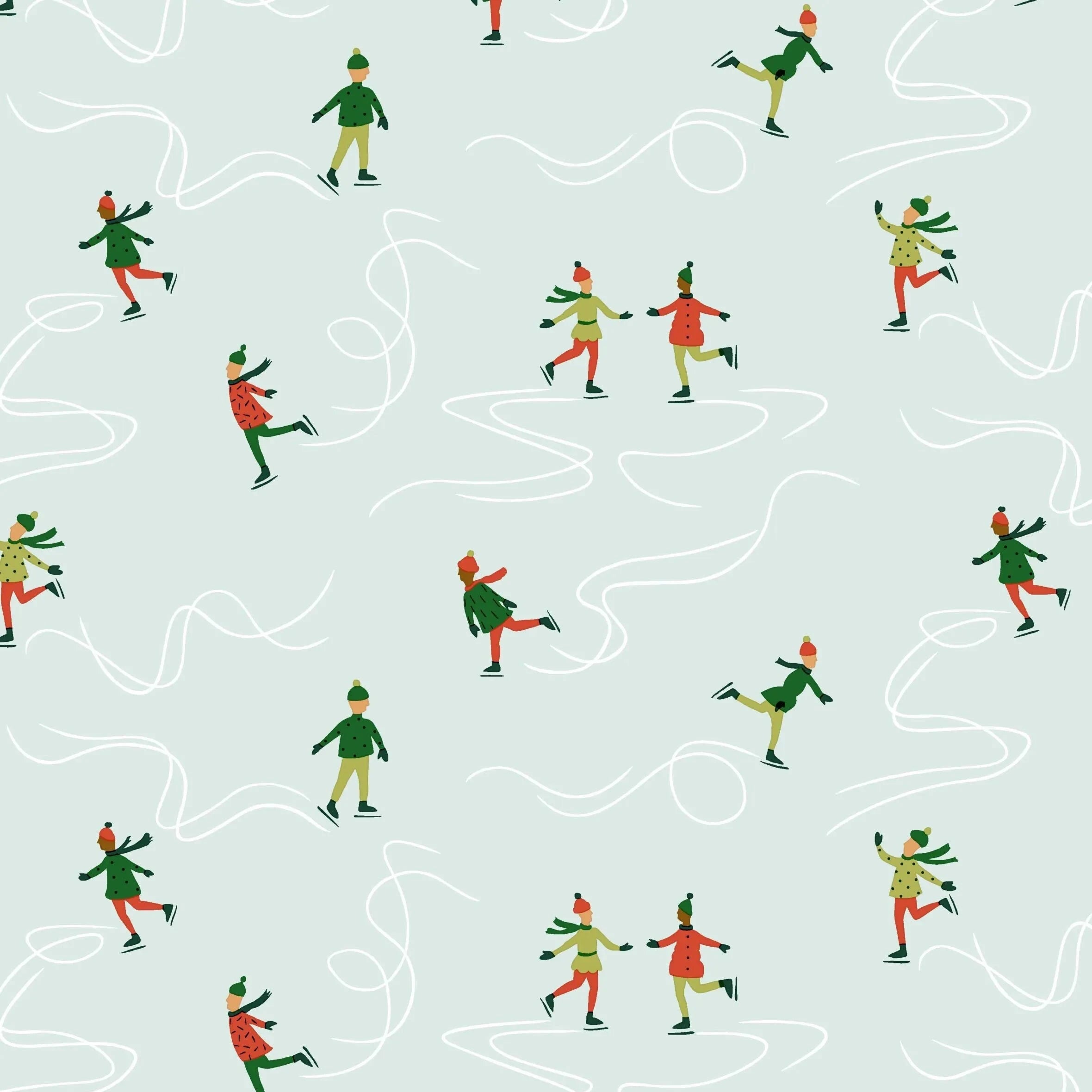 Pattern of small ice skating figures in green, red, and orange on a light blue background