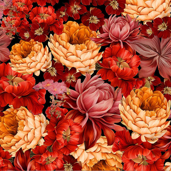 Floral pattern with red, orange, and pink flowers on a black background