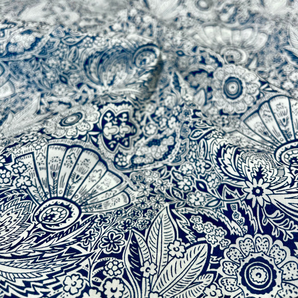 Close-up of a blue and white floral paisley pattern