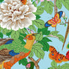 Colorful fabric pattern with birds, flowers, and leaves on a blue background