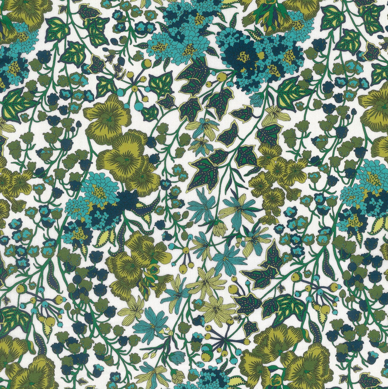 Floral pattern with green and blue flowers on a white background