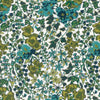 Floral pattern with green and blue flowers on a white background