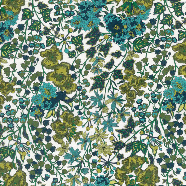 Floral pattern with green and blue flowers on a white background