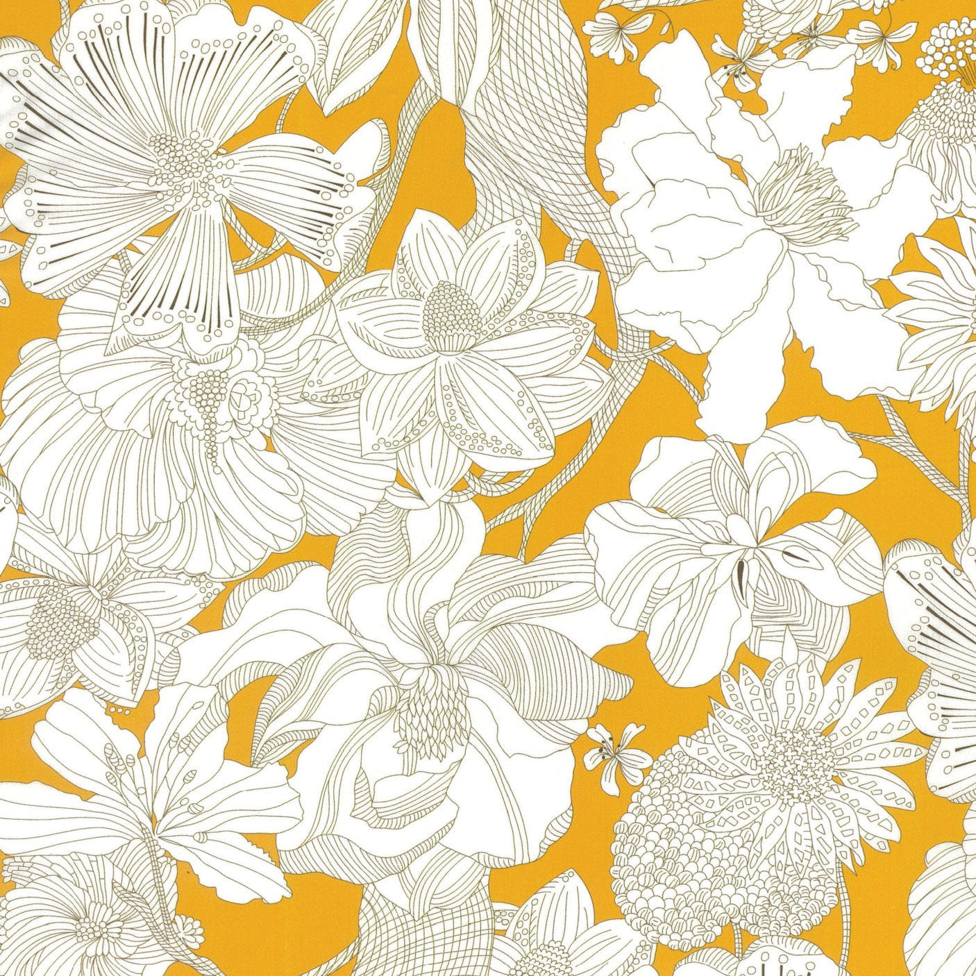 White floral pattern on a yellow background