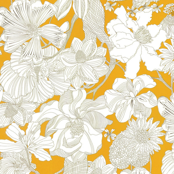 White floral pattern on a yellow background