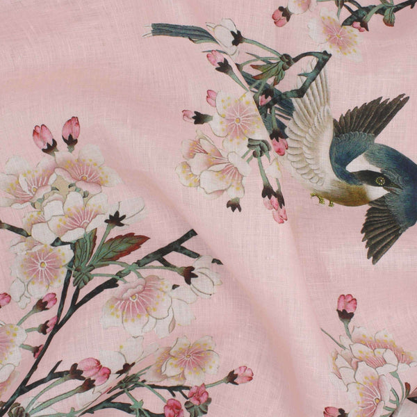 Linen Fabric - Birds Digital Print Pink