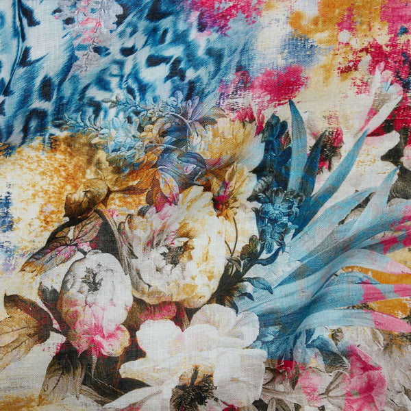 Colorful abstract floral print fabric with a mix of blue, pink, yellow, and white.