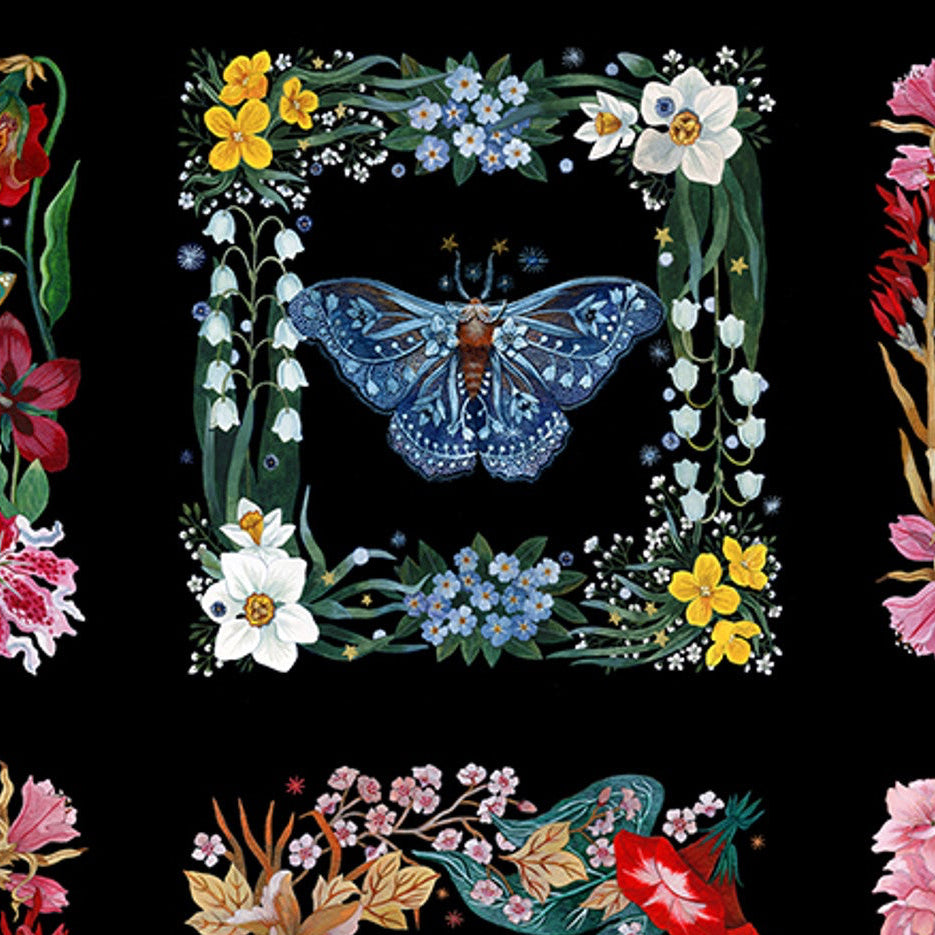 Decorative fabric pattern with flowers, butterflies, and beetles on a black background.
