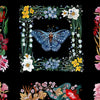 Decorative fabric pattern with flowers, butterflies, and beetles on a black background.
