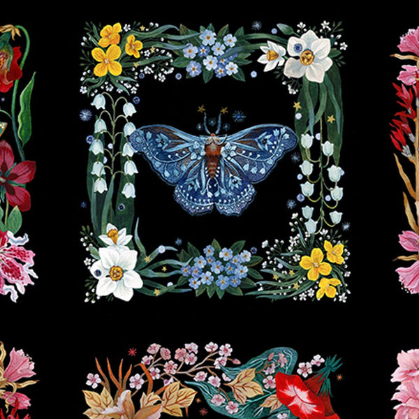 Decorative fabric pattern with flowers, butterflies, and beetles on a black background.