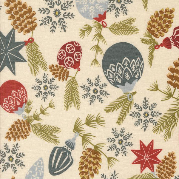 Christmas-themed fabric pattern with ornaments, pine cones, and stars on a beige background