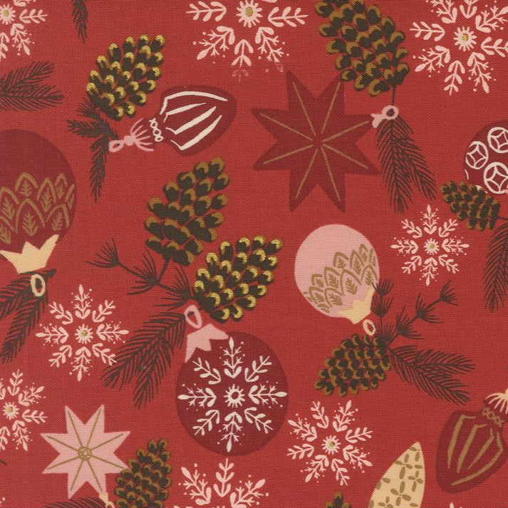 Christmas-themed fabric pattern with ornaments, stars, and pine cones on a red background