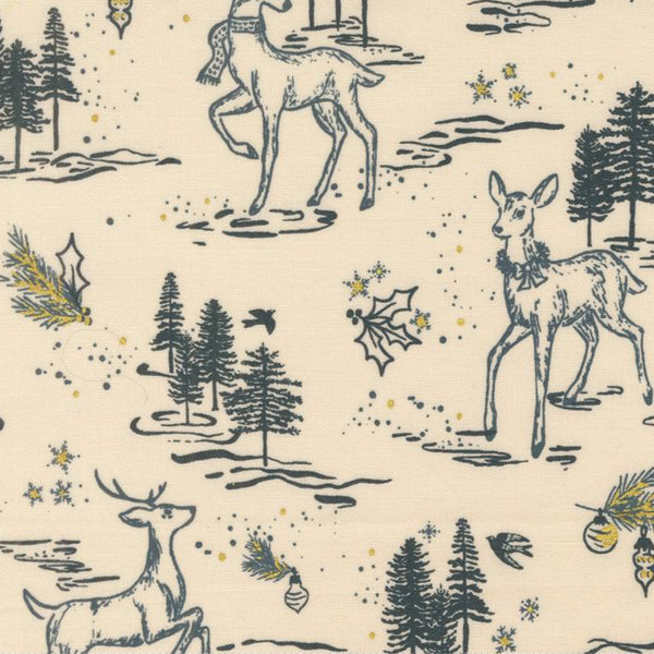 Fabric pattern with deer, trees, and stars on a beige background