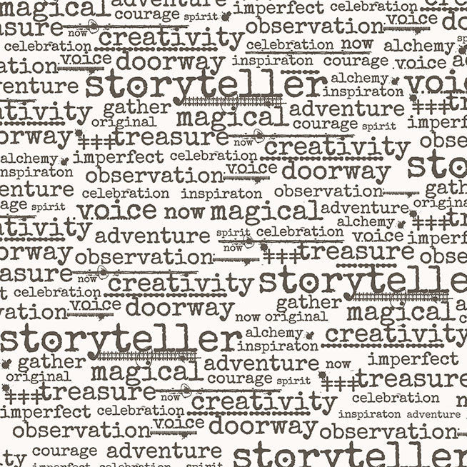 Text pattern with words related to creativity, storytelling, and adventure on a white background.