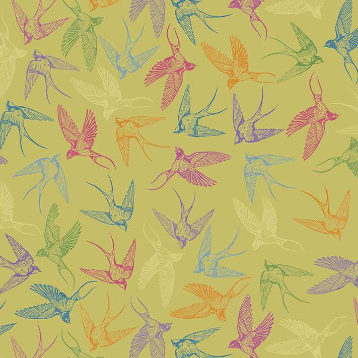 Colorful bird pattern on a green background