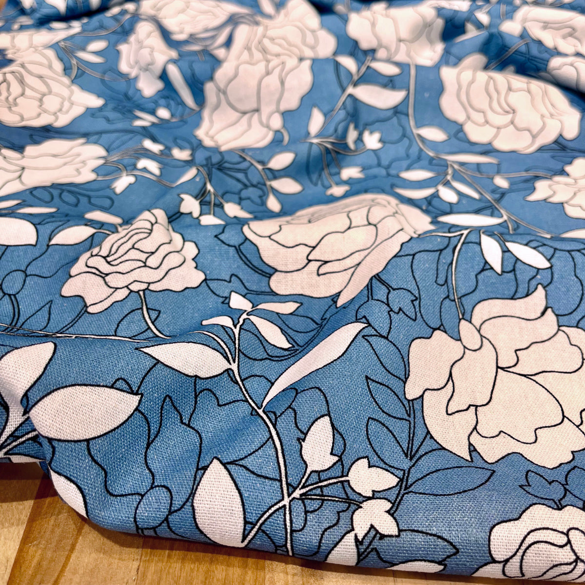 Linen Rayon - Denim Roses