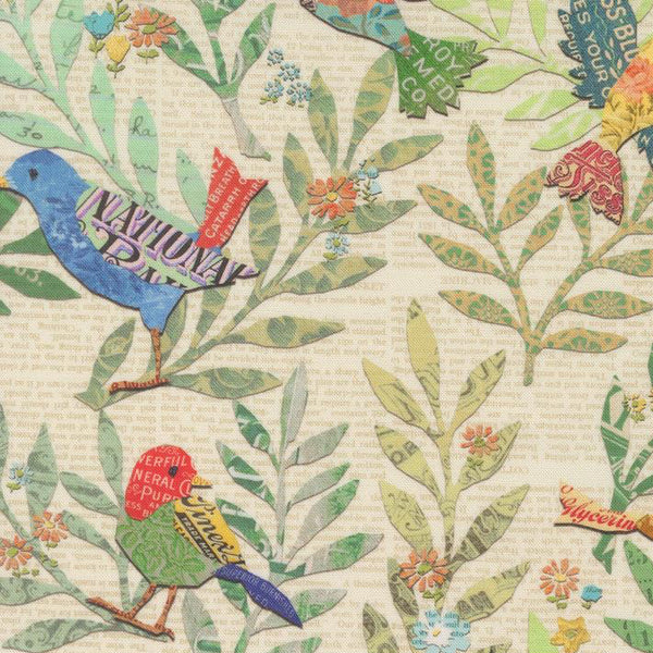Fabric with colorful birds and leaves pattern