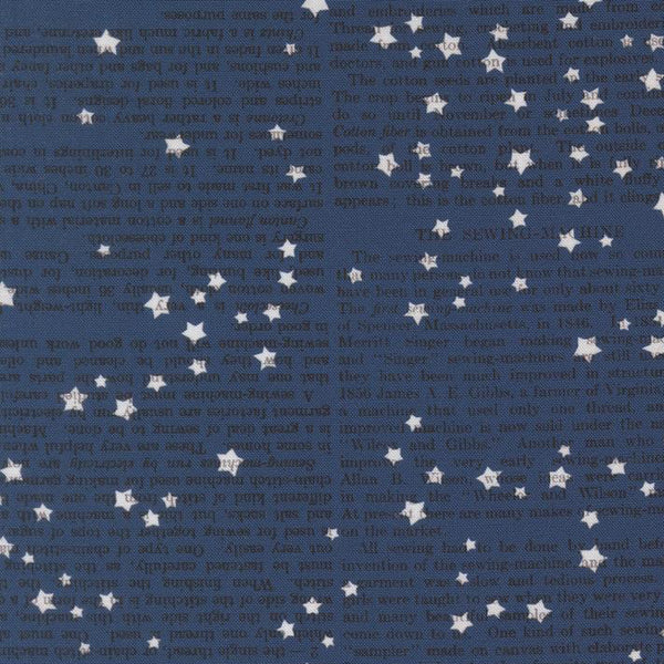 Fabric with star pattern and text on a blue background