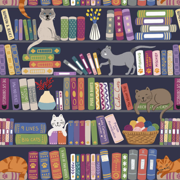Pattern of books and cats on a dark background