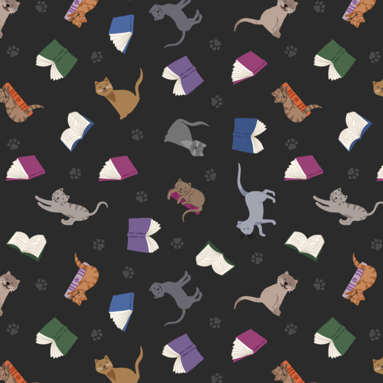 Pattern of cats and books on a black background