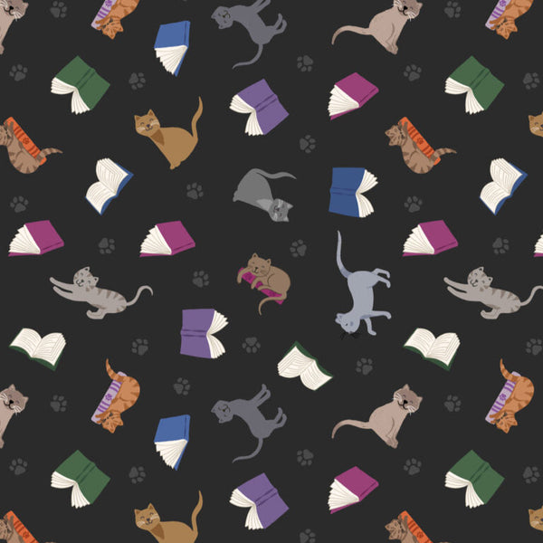 Pattern of cats and books on a black background