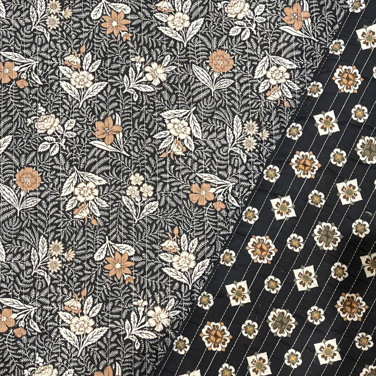 Double Sided Quilted Cotton - Black Flowers