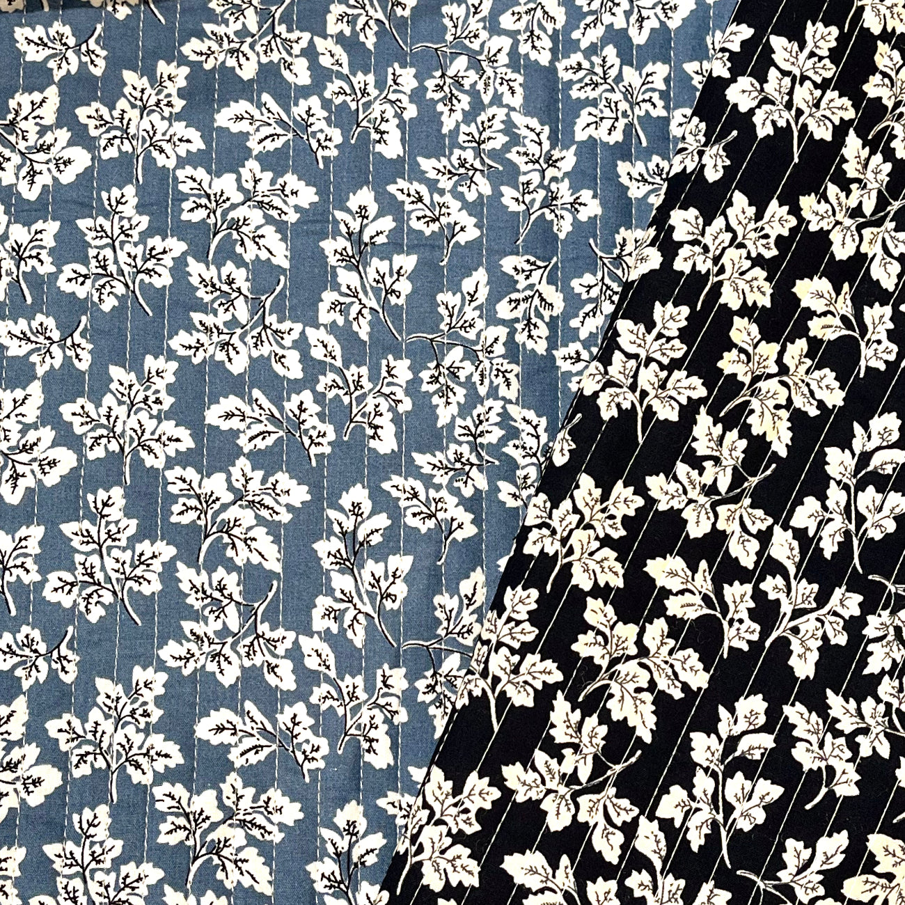 Double Sided Quilted Cotton - Blue Leaves