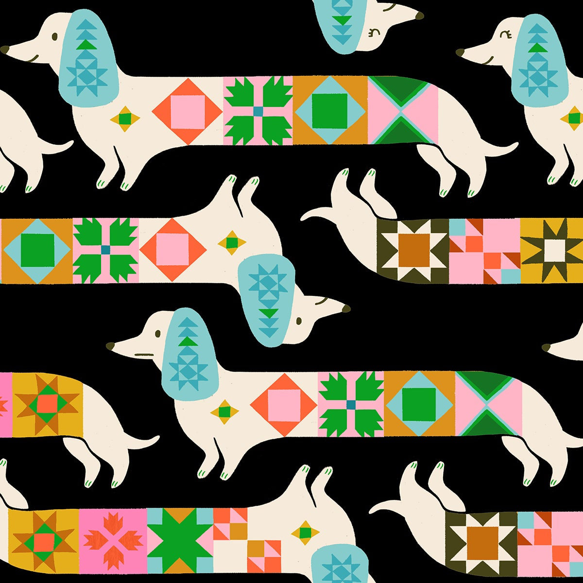 Pattern of dogs with colorful geometric designs on a black background