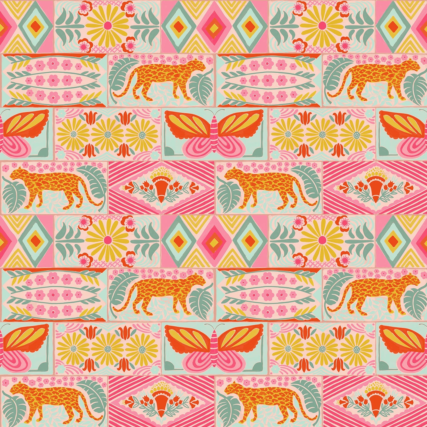 Patterned fabric with leopards, flowers, and geometric shapes on a pink background