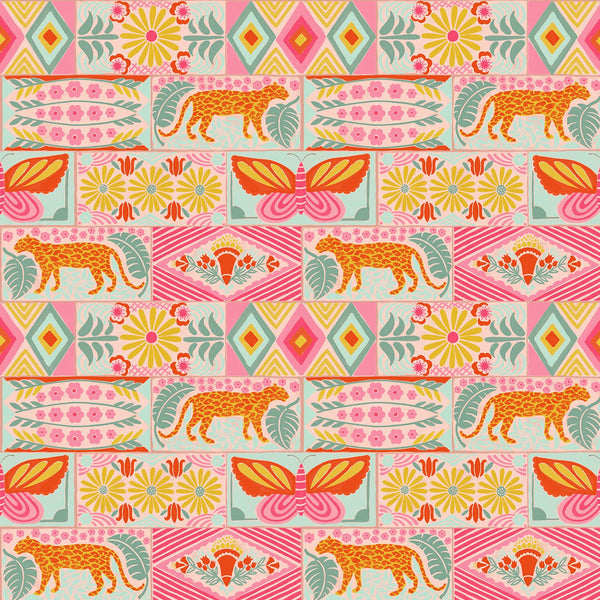 Patterned fabric with leopards, flowers, and geometric shapes on a pink background