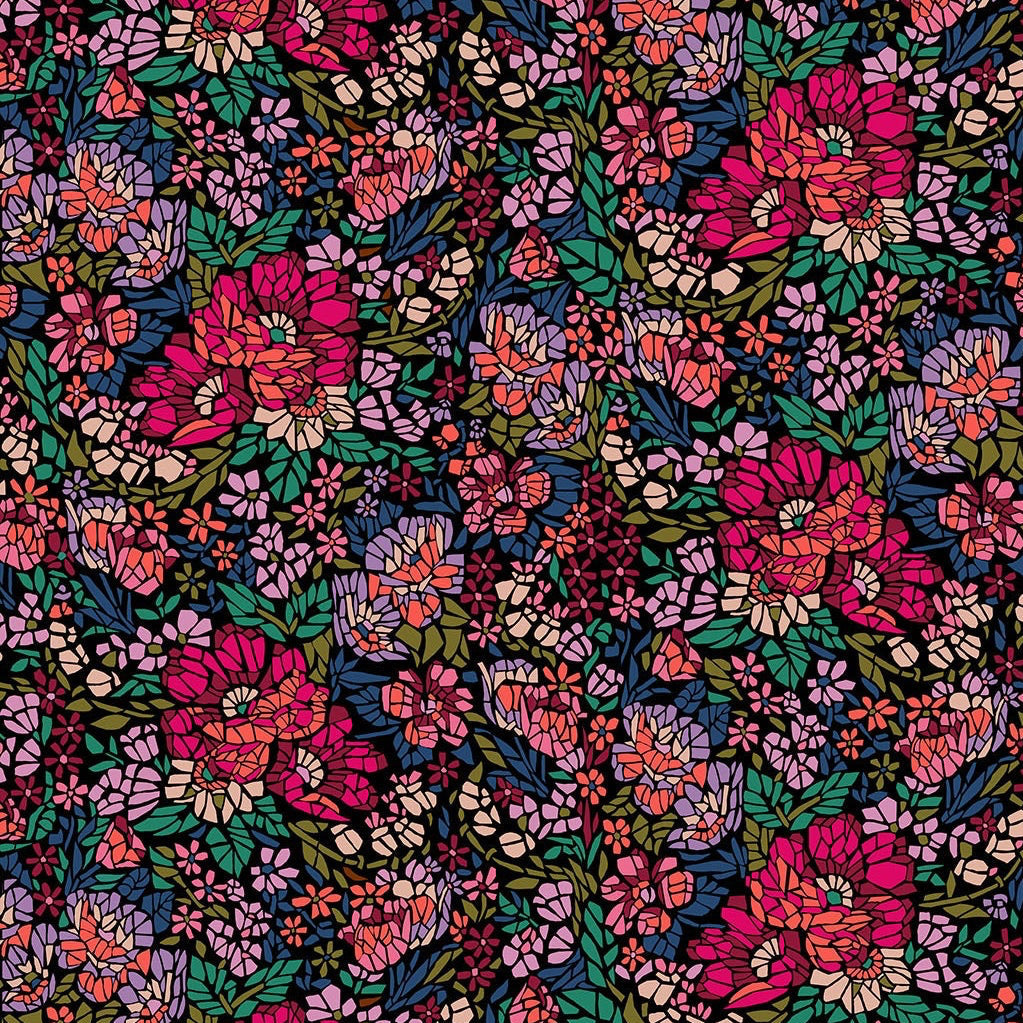 A dense floral pattern featuring large pink and red flowers with green leaves and smaller purple and pink blossoms on a dark navy background.