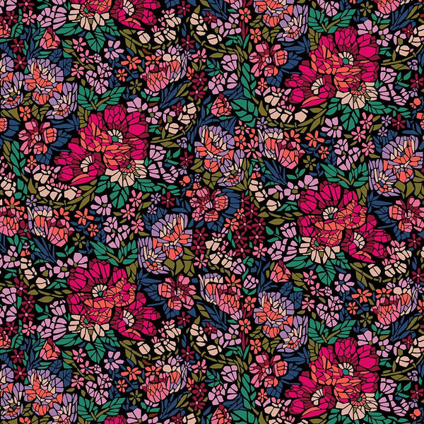 A dense floral pattern featuring large pink and red flowers with green leaves and smaller purple and pink blossoms on a dark navy background.