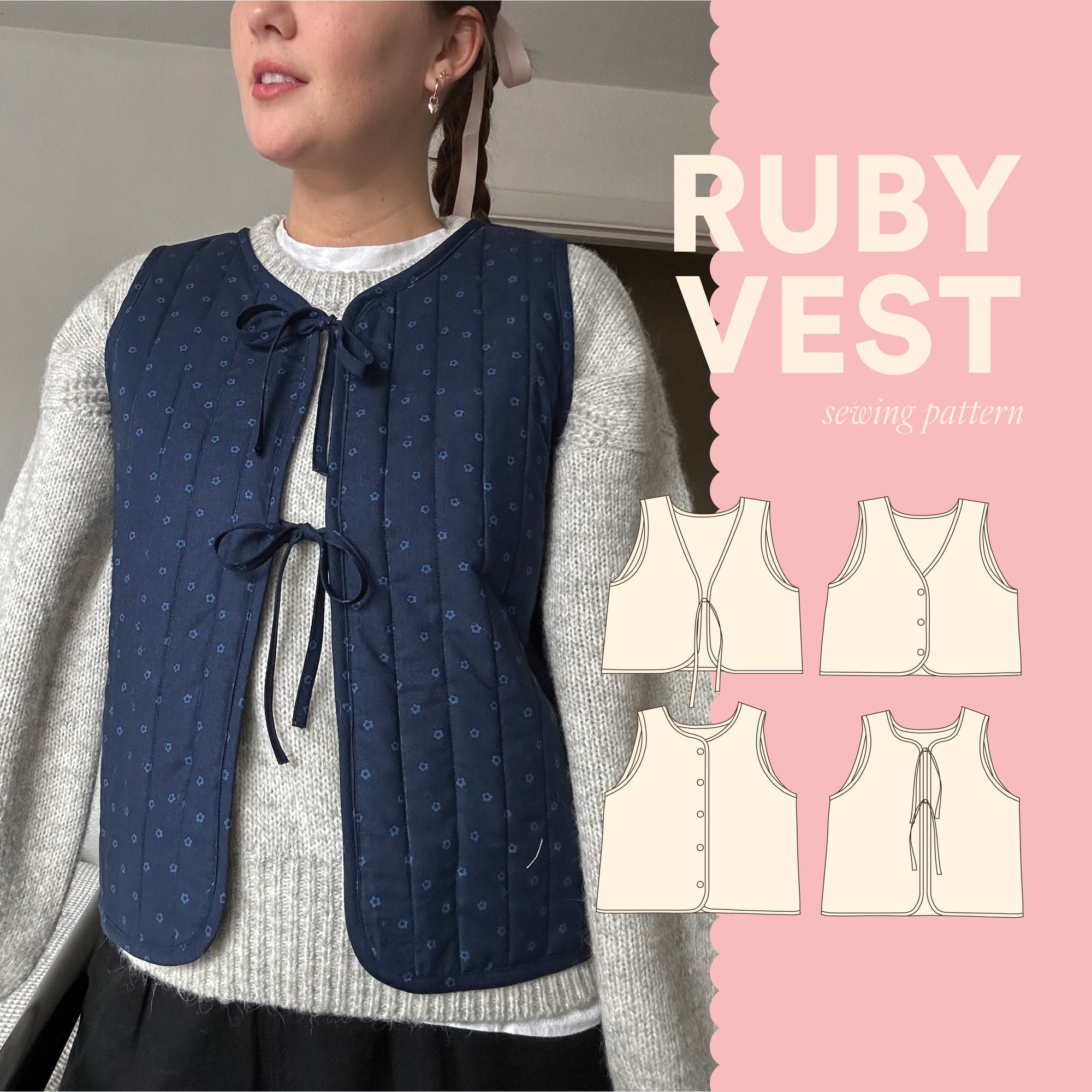 Person wearing a blue vest with sewing pattern illustrations on a pink background