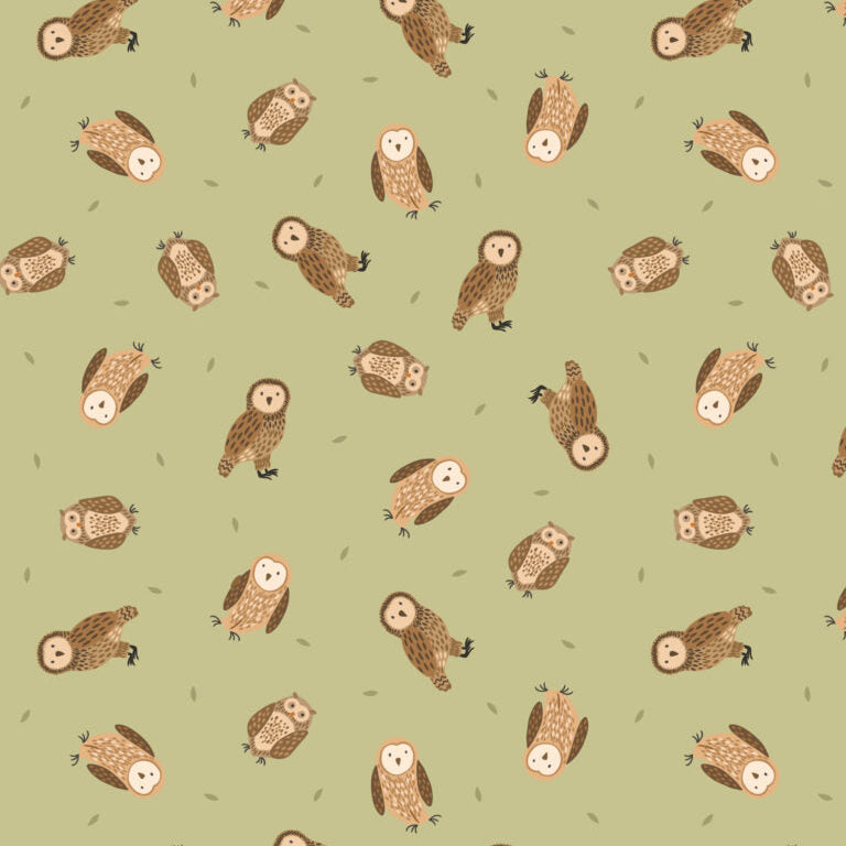 Pattern of brown owls on a green background