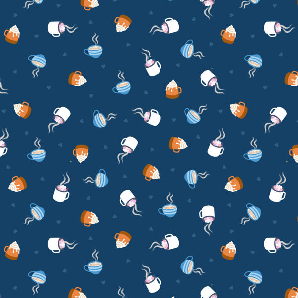 Pattern of tea or coffee cups on a blue background