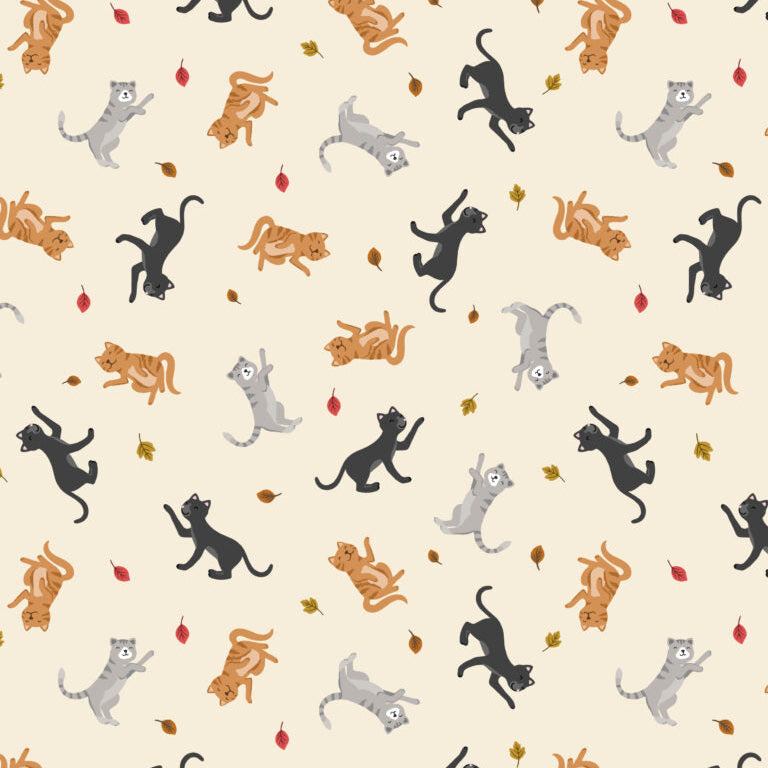 Pattern of black, orange, and gray cats on a beige background
