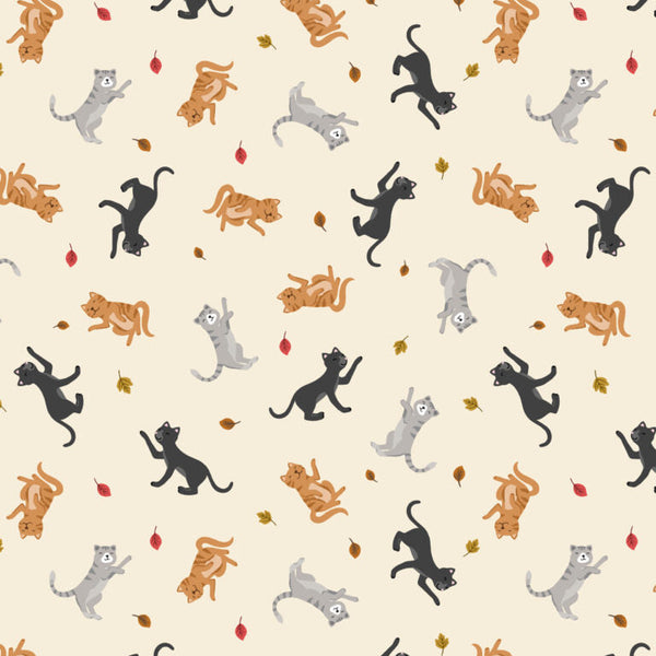 Pattern of black, orange, and gray cats on a beige background