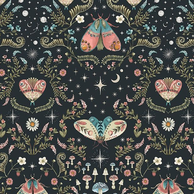 Fabric with moth and floral pattern on a dark background