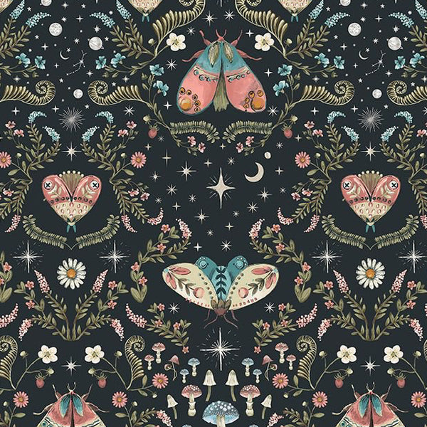 Fabric with moth and floral pattern on a dark background