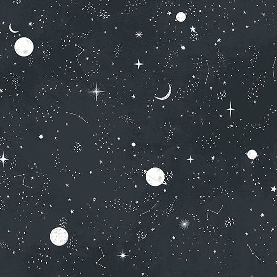 Fabric with celestial pattern including stars, moons, and constellations on a dark background