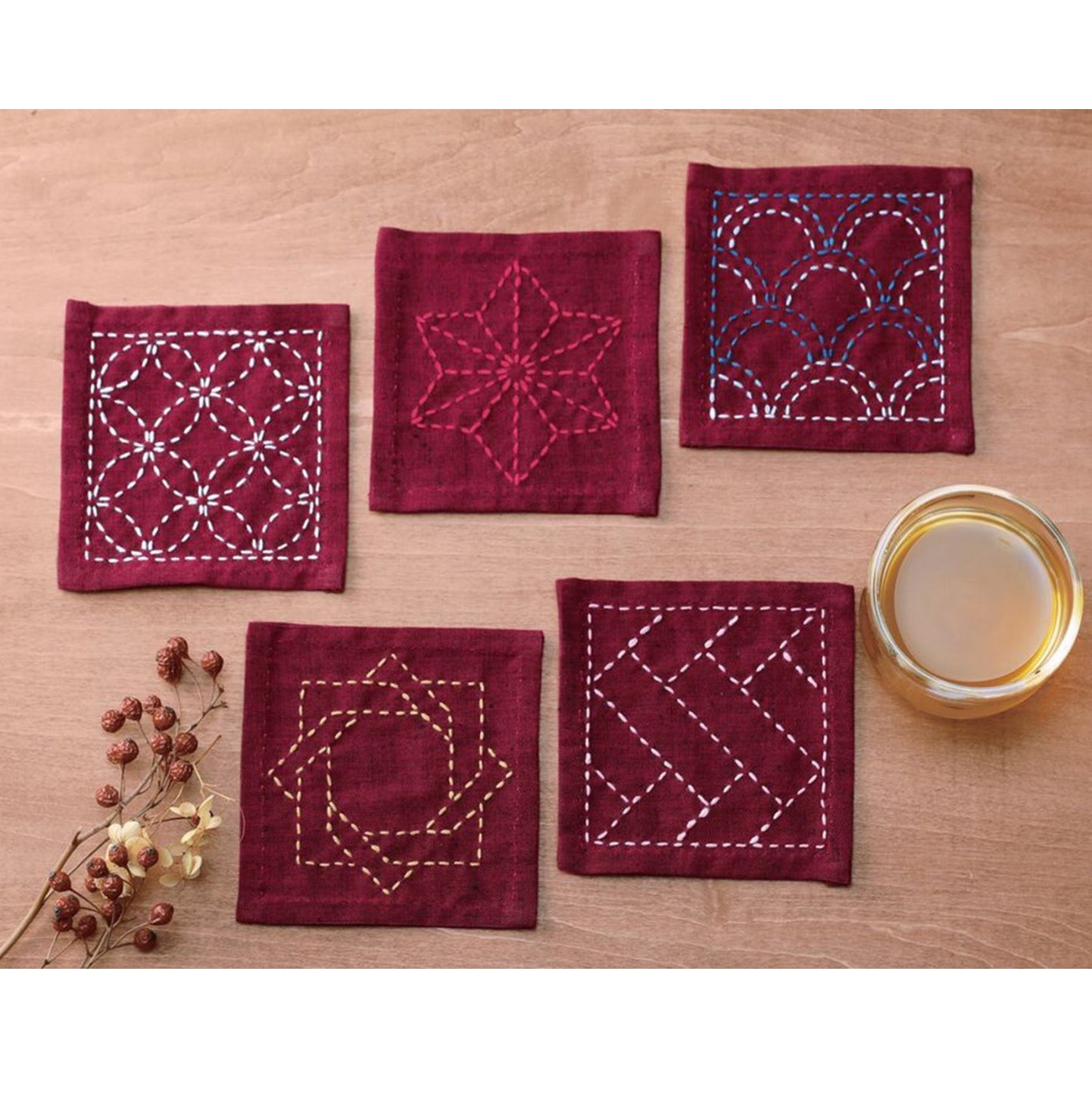 Sashiko Tsumugi Sampler - Coasters - Red