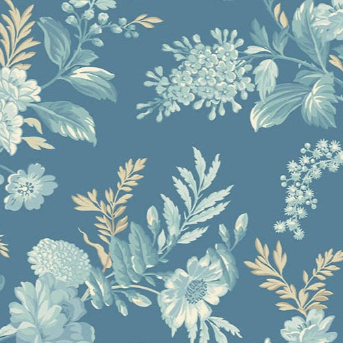 Floral pattern with light blue flowers and green leaves on a dark blue background