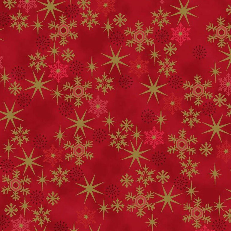 Snow Crystals - Gold Stars on Red
