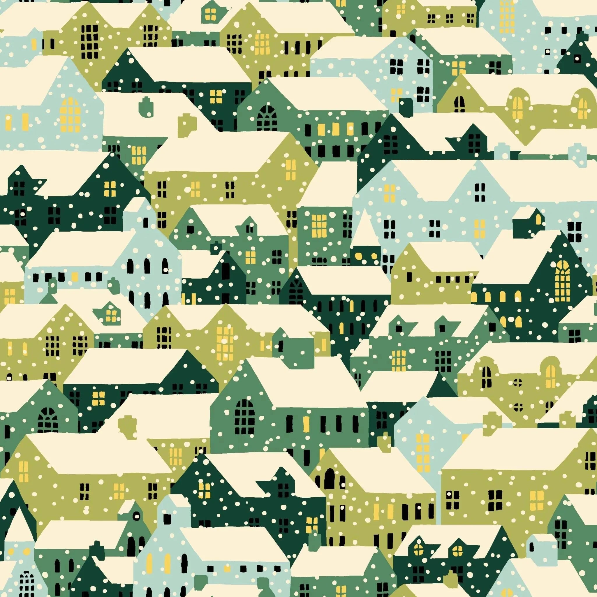 Pattern of stylized houses in green, blue, and beige tones.
