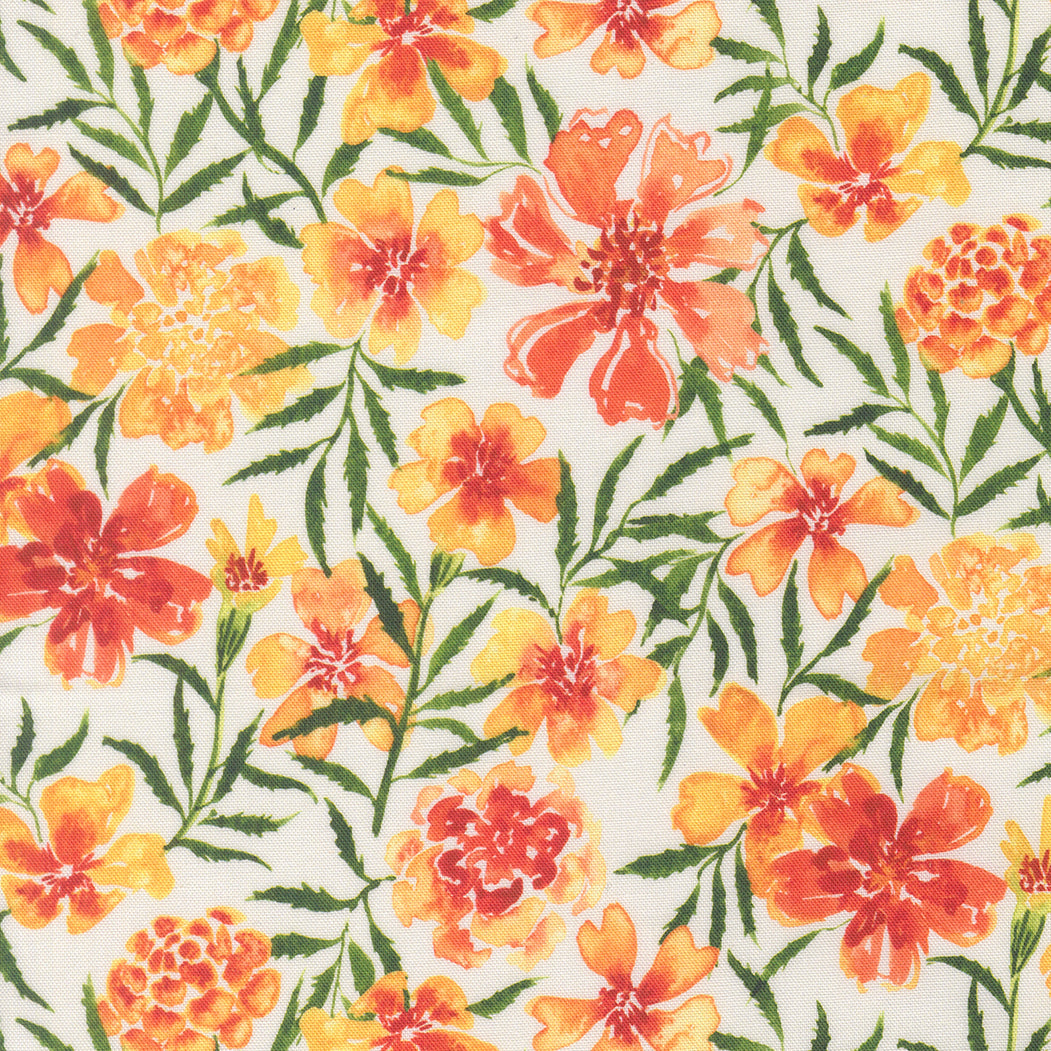 Pattern of orange and yellow flowers with green leaves on a white background