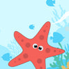 Cartoon red starfish with googly eyes on a blue underwater background with fish and coral.