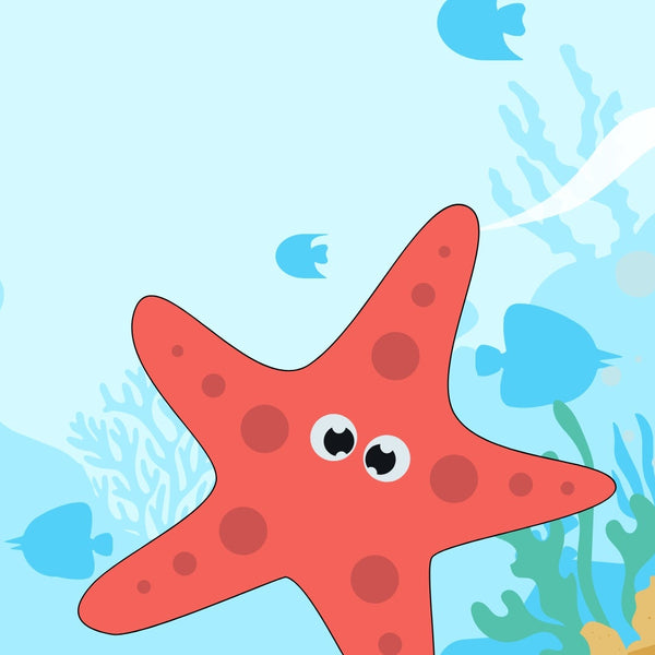 Cartoon red starfish with googly eyes on a blue underwater background with fish and coral.